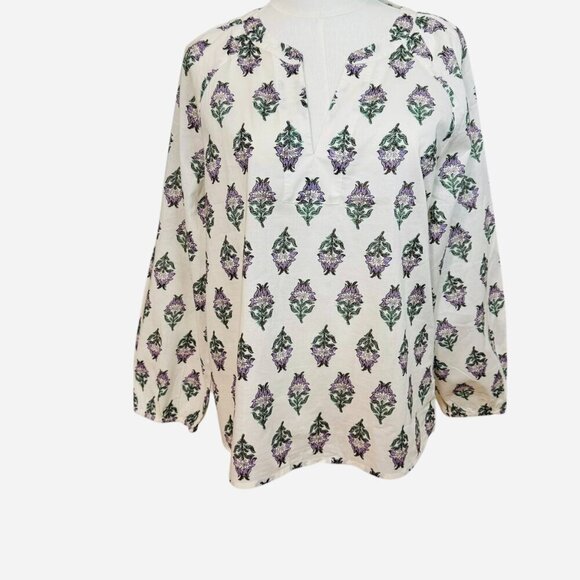 J.Crew Boho Floral Block Print Tunic Blouse White Purple Green | Size L … - Picture 1 of 4